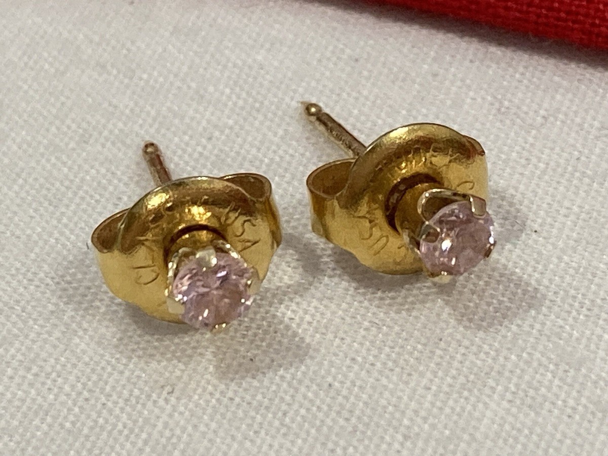 Vintage STUDEX 585 14k Solid Yellow Gold PINK CZ Cubic Zirconia Stud  Earrings - Main Image