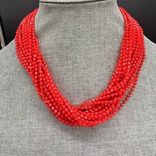 Vintage Necklace Lightweight Multi Strand Acrylic Faceted Beads Red 19 Inches