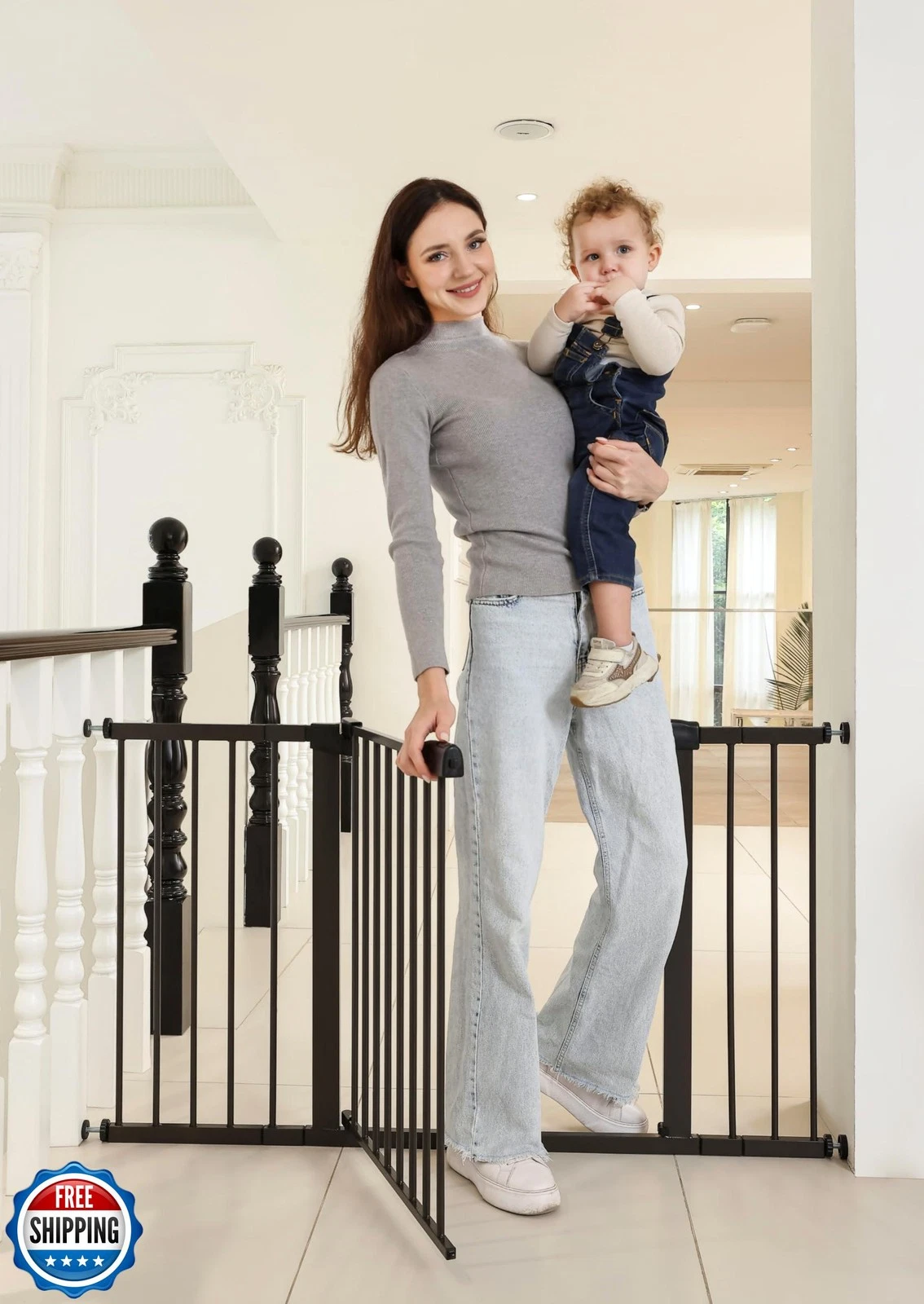29"-57" Baby and Pet Safety Gate, 30" Tall Metal Walk-Thru Gate for Doorways