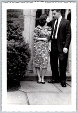 Vtg B&W Snapshot Romantic Couple Man Suit Woman Floral Dress Deckle Edge 1960s
