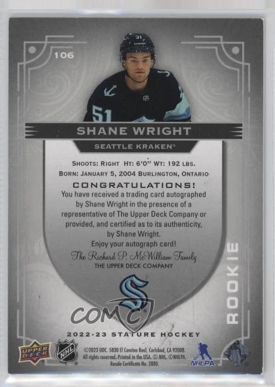 2022-23 Upper Deck Stature Rookies Auto /199 Shane Wright #106 Rookie Auto RC - Image 2 of 2