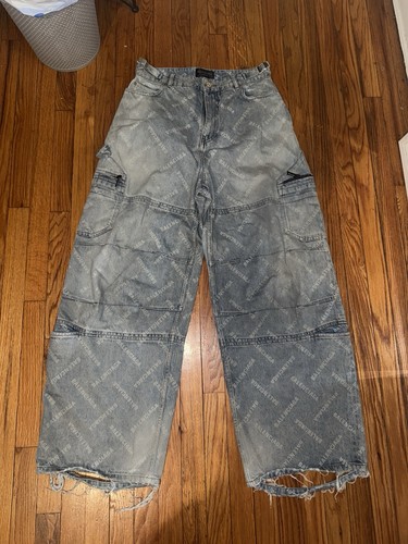 Balenciaga Blue All over Logo Denim Cargo Pants Jeans Size Small brand new