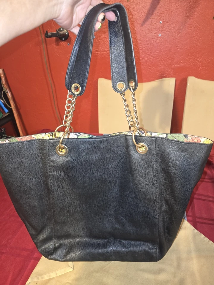BOLSO DE MANO STEVE MADDEN XL NEGRO correa de cadena forro floral cuero sintético VEGANO Foto 2 de 4
