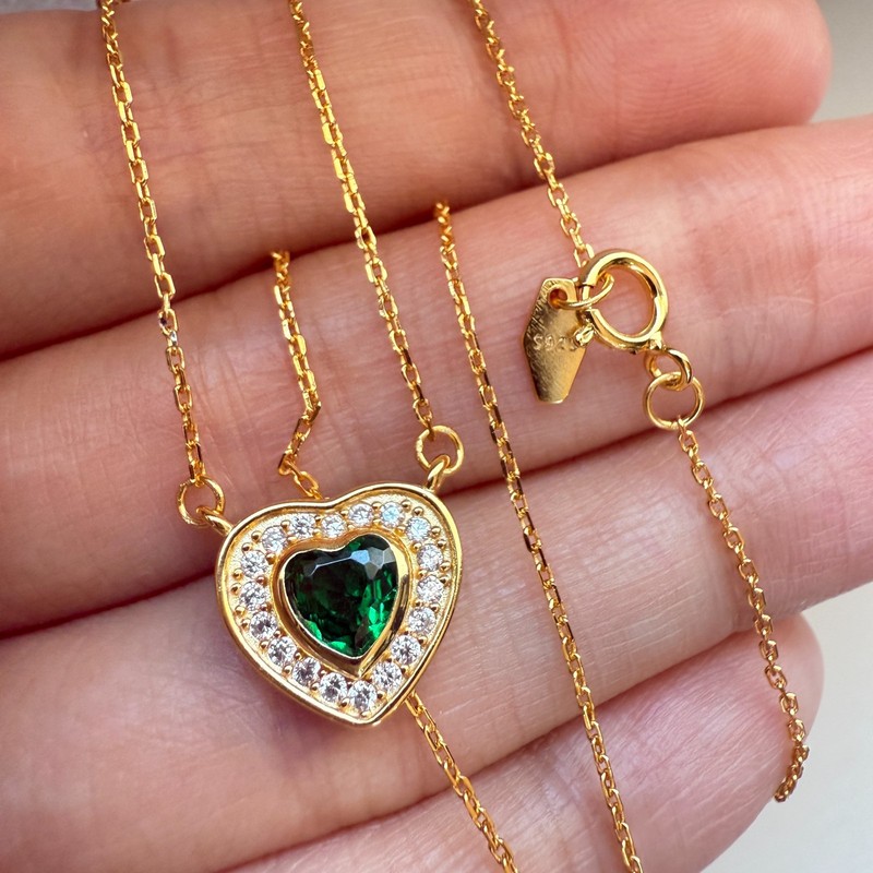 925 Sterling Silver Necklace 5mm Heart Emerald Gemstone Zircon Pendant Women