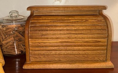 Vintage Oak Roll Top Bread Box Tambour Door Wooden Kitchen Counter Storage