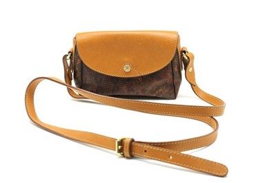 Escada Crossbody Brown Patchwork Paisley Boho Saddlebag Purse Coated Leather