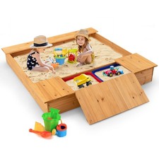 Children Outdoor Playset Kids Wooden Sandbox w/ Bench Seats Storage Boxes