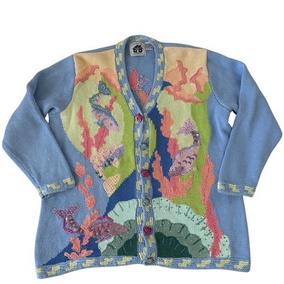 Vintage Storybook Knits Ocean Fantasy Cardigan Fish Sea Hand Knit