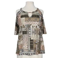 Naif Blouse Women’s Size L Boho Patchwork Print Cold Shoulder V-Neck