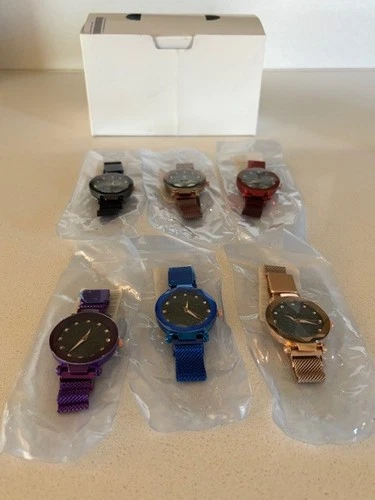 LOT 6 Women Starry Blk/Bronze/Red/Purple/Blue/Rose Gld Mesh Watch Magnetic Band