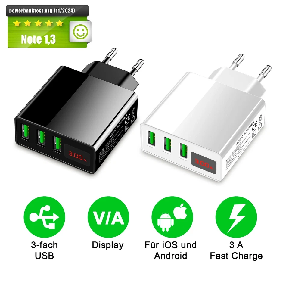EAXUS® Universal USB Adapter Netzteil 3-fach Port 5V Schnell-Ladegerät Display - Bild 1 von 4