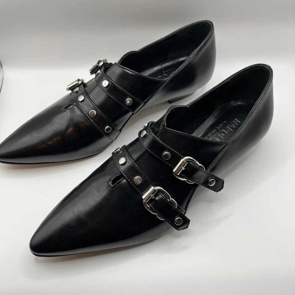 Nova fivela de couro preto Napoleoni prata feita na Itália 39 EUA 8,5 - Imagem 3 de 4