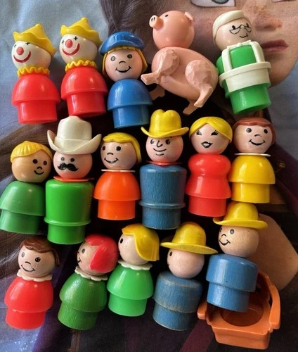 Vintage Fisher Price Little People Lot of 16 Figures Plus Chair Pig Wood Plastic