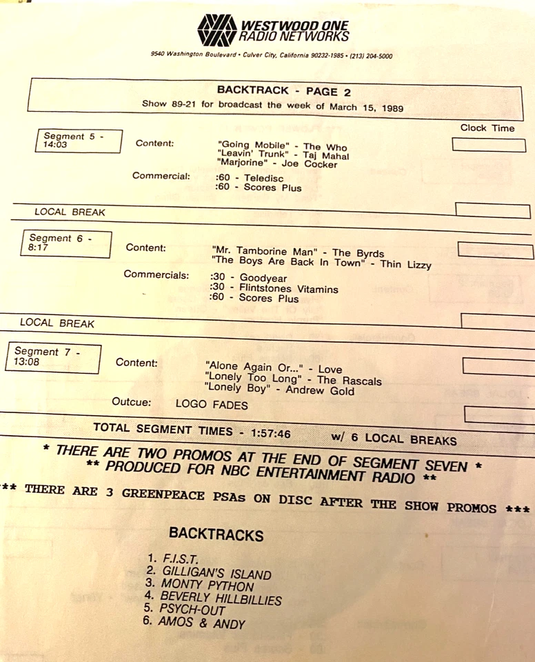 3/15/89 LEGENDARY DJ JIM LADD HOSTS SUPER RARE BACKTRACK SHOW 2 HR/3 LP - Image 2 of 2