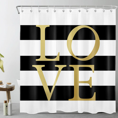Black and White Shower Curtain Classic Gold Love Words Design Striped Shower Cur