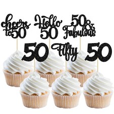 30Pcs Happy 50th Birthday Cupcake Toppers Black Glitter Fifty Cheers to 50 Ye...