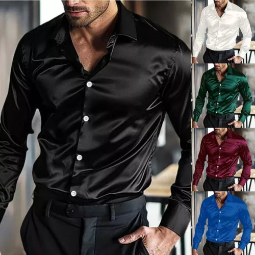 Satin Seide Langarm Hemd für Herren Freizeithemden Hochzeit Party Disco Club - Bild 2 von 27
