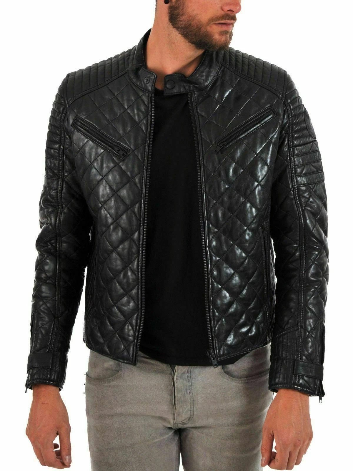 Men's Quilted Puffer Leather Jacket Real Lambskin Black Motorcycle Biker Jacket