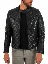 Men's Quilted Puffer Leather Jacket Real Lambskin Black Motorcycle Biker Jacket