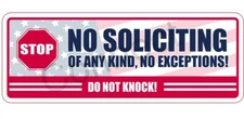 No Soliciting Sign Vinyl Sticker 3”x8” USA Flag Patriot Army Navy Marines