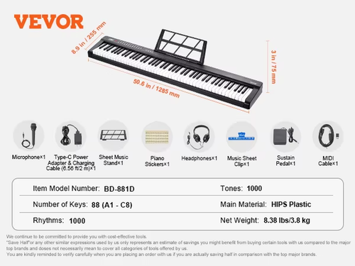 VEVOR Tastiera Pianoforte Digitale, 88 Tasti Semi-Pesati, Tastiera Elettrica Dim - Zdjęcie 8 z 14