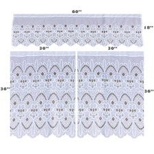 3pc White Kitchen Embroidery Sheer Panels Window Curtain Drapes 30x36 60x18"