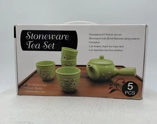 Stoneware Tea Set Apple Green Chinese Floral Blossom Sprig Pattern set of 5