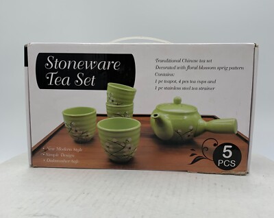 Stoneware Tea Set Apple Green Chinese Floral Blossom Sprig Pattern set of 5