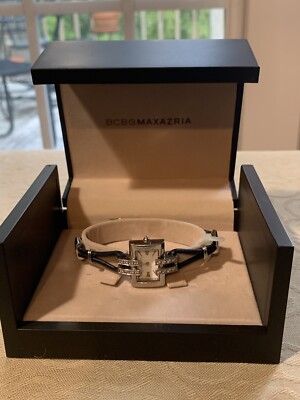 BCBG MAX AZRIA $225 Black Leather Rhinestone Watch in Box 