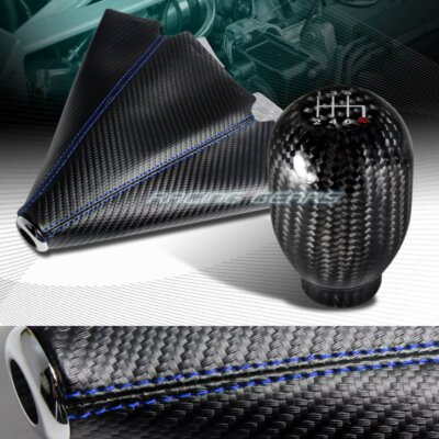 CARBON LOOK PVC MANUAL BLUE STITCH SHIFT BOOT+REAL CARBON 6-SPEED SHIFTER KNOB