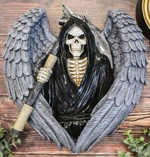 Gothic Grim Reaper Skeleton with Angel Wings Holding Scythe Heart Wall Decor