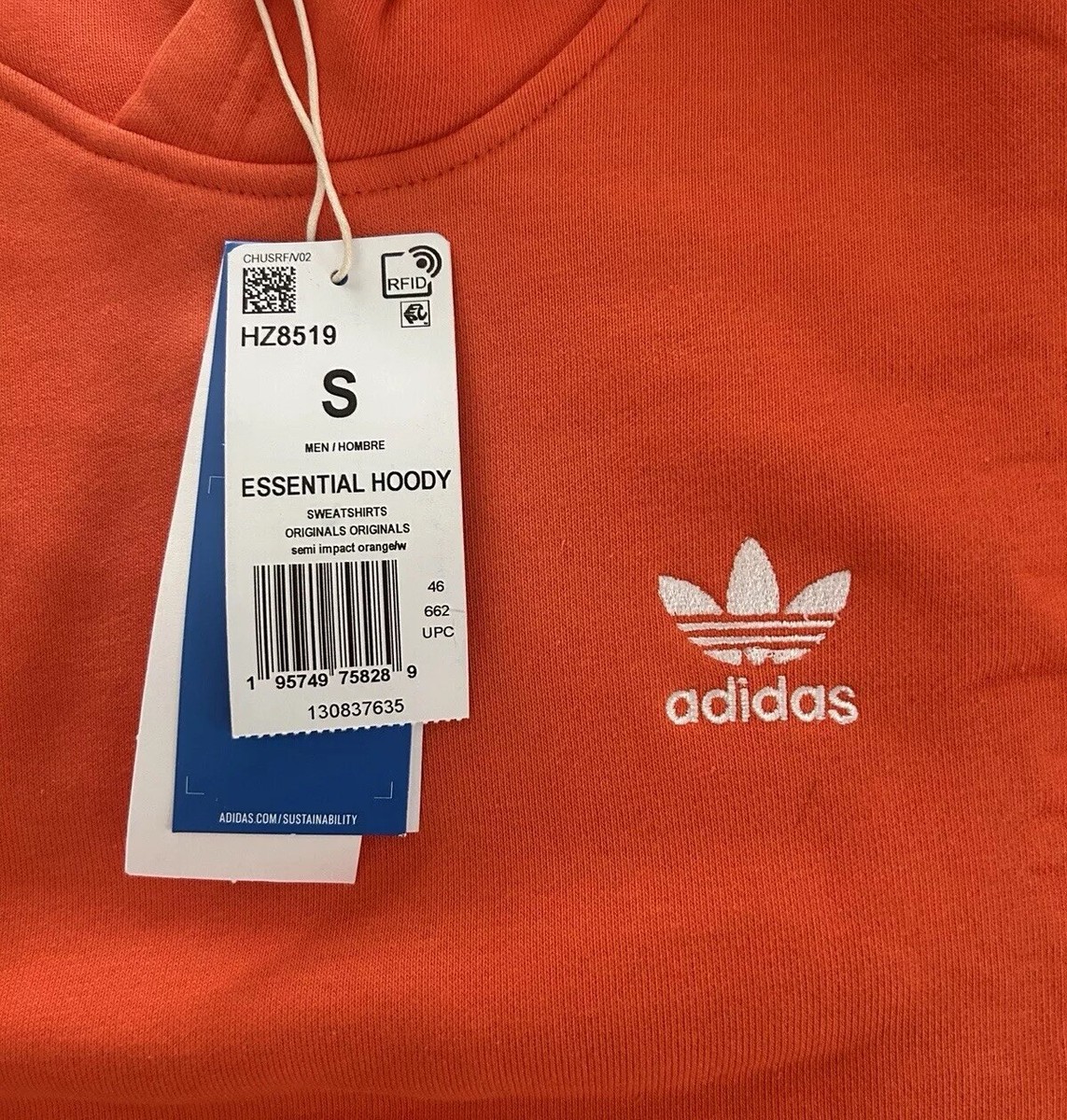adidas Originals Essentials Hoodie Semi Impact Orange Men's Size S