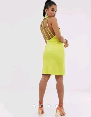 RIVER ISLAND Petite Lime Yellow High Neck Bodycon Short Party Dress Size 12  UK