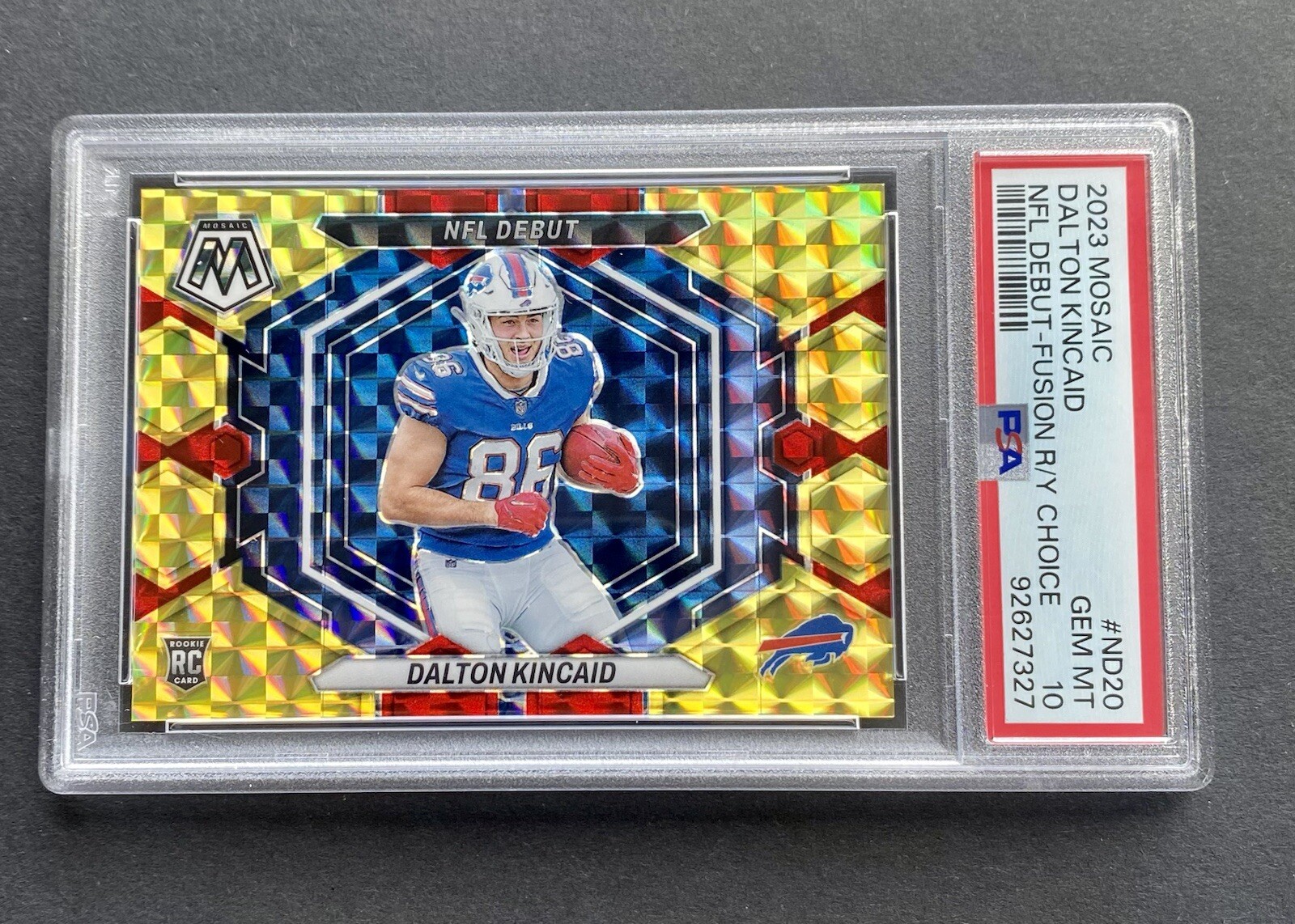 Dalton Kincaid 2023 Mosaic NFL Debut Choice Fusion Red & Yellow RC #/80 PSA 10