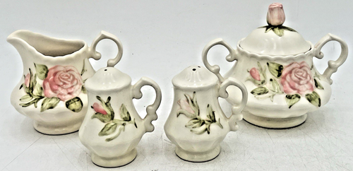 METLOX POPPYTRAIL VERNON ROSE PINK CREAMER, LIDDED SUGAR BOWL & SALT/ PEPPER