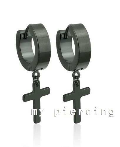 Par de pendientes de aro abragie negros de acero inoxidable IP con colgante cruzado - Imagen 2 de 4