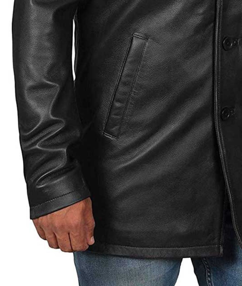 Men`s Premium Long Coat Button Closer Black Real Sheep Leather Jacket Sheep Skin image 3
