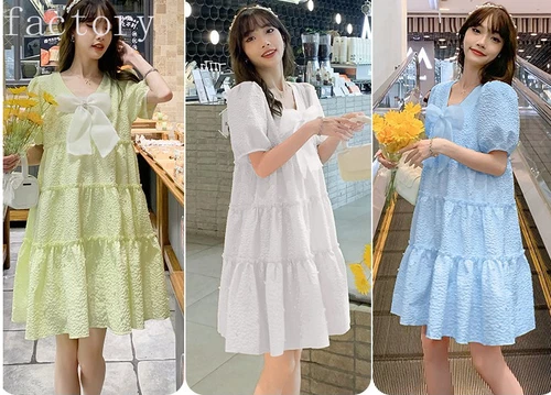Women Babydoll Puff Sleeve Cute Dress Bow Swing Tiered Mini Ruffle Beaded - Bild 11 von 17