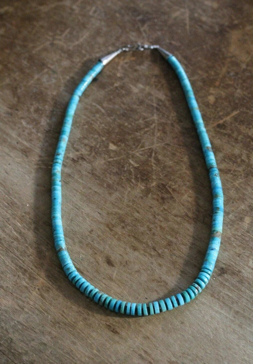 Vintage Sterling Silver Turquoise Graduated Flat Bead Necklace 18