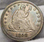 1858 Seated Liberty 90% Silver Quarter, AU Details, Nicely Toned, Q-5880