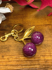 Cherry Bag Charm KeyChain Glitter resin and metal Brass Gold Cherry Bag Chain