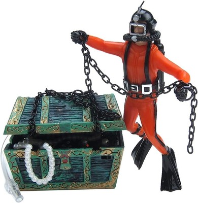 Live-Action Aquarium Ornament Creative Undersea Treasure Chest Diver Orange 