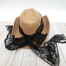Vintage Tan Wool Felt Cowboy Hat Black Lace Bow Western Boho Made in USA