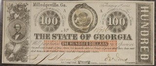 1863 February 2nd The State of Georgia Milledgeville $100 Note Unc Note