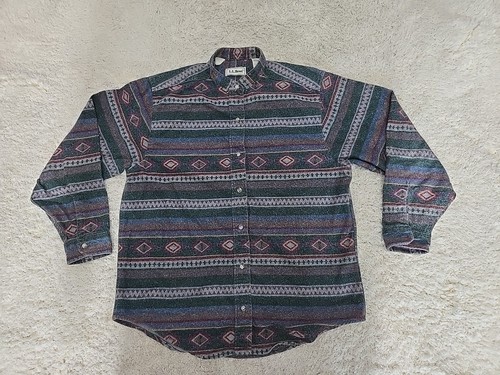 Vintage LL Bean men’s L shirt with gray, green, and red Aztec flannels, button down, and two chest pockets.