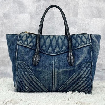 MIU MIU デニム メッセンジャーバッグ Miu Miu Biker Denim Tote Bag Shoulder Bag 2way bag Leather