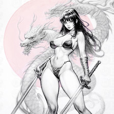 Disegno illustrazione Dag Eber - Ragazza con draghi spada - Firmato - Fantasy Girly Art