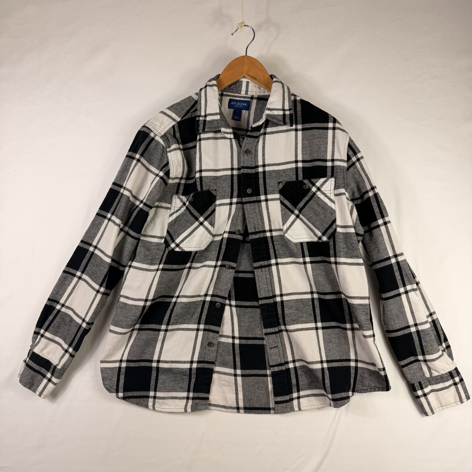 Arizona Jean Co Mens White Black Plaid Flannel Long Sleeve Shirt Large Cotton