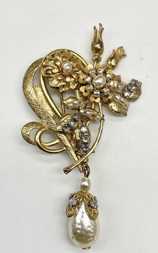Miriam Haskell Gold Tone Flower Pearl Crystal Drop Brooch
