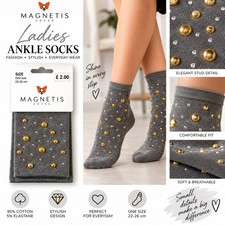 Ladies Grey Cotton Ankle Socks with Gold Studs  Diamante Detail   95 Cotton
